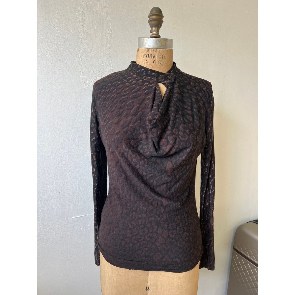 Max Mara Brown Leopard Print Convertible Turtleneck Cowl Neck Top Size M Italy